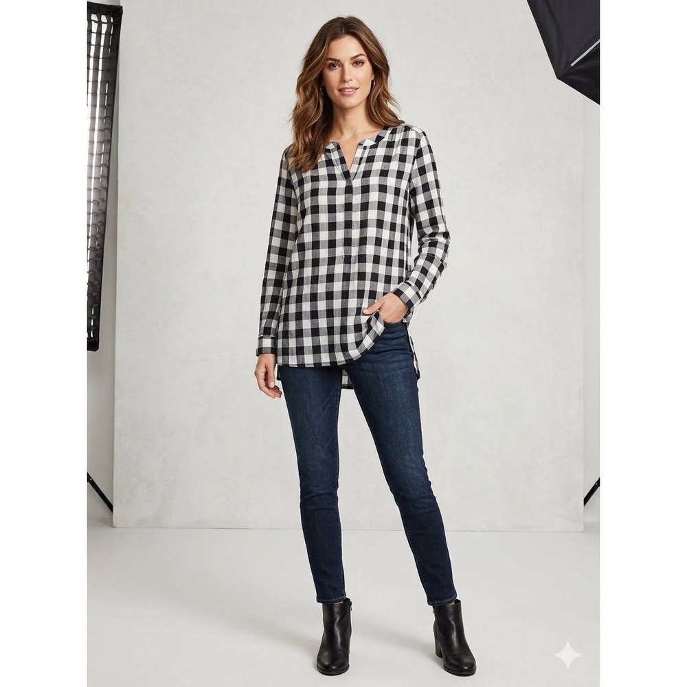 Loft Womens XL Buffalo Plaid Cotton Split Neck Long Sleeve Blouse Black White
